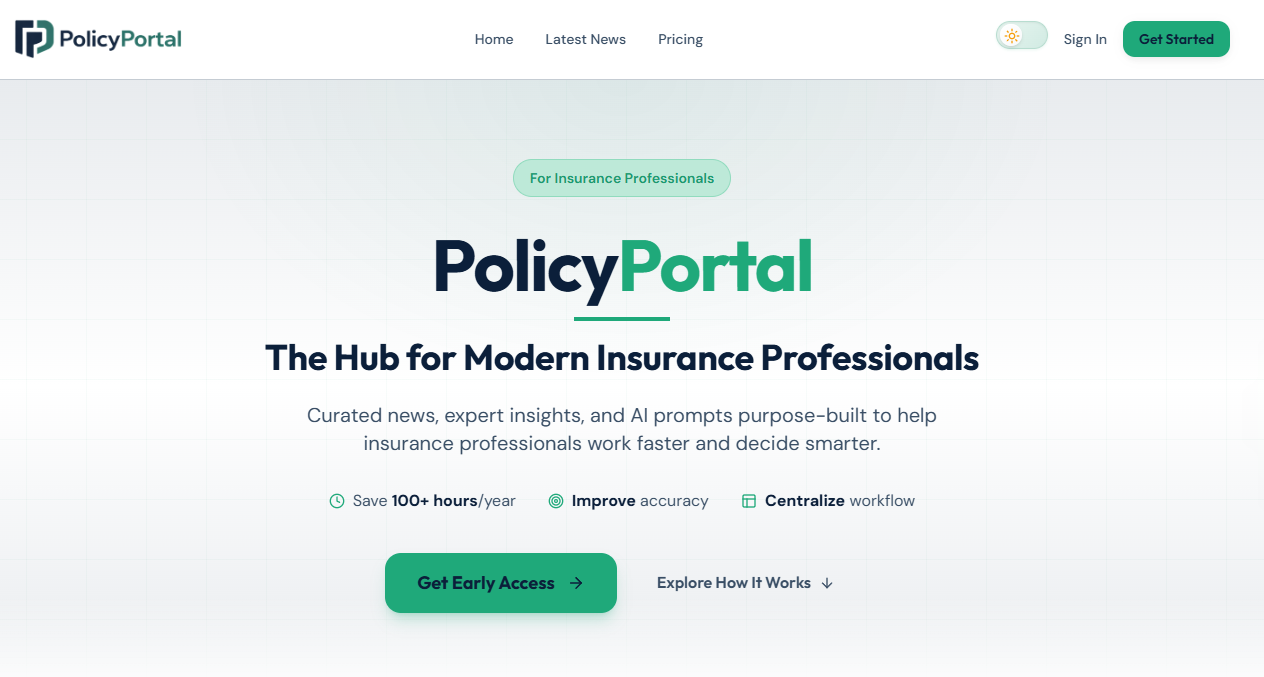 Policy Portal homepage — the hub for modern insurance professionals